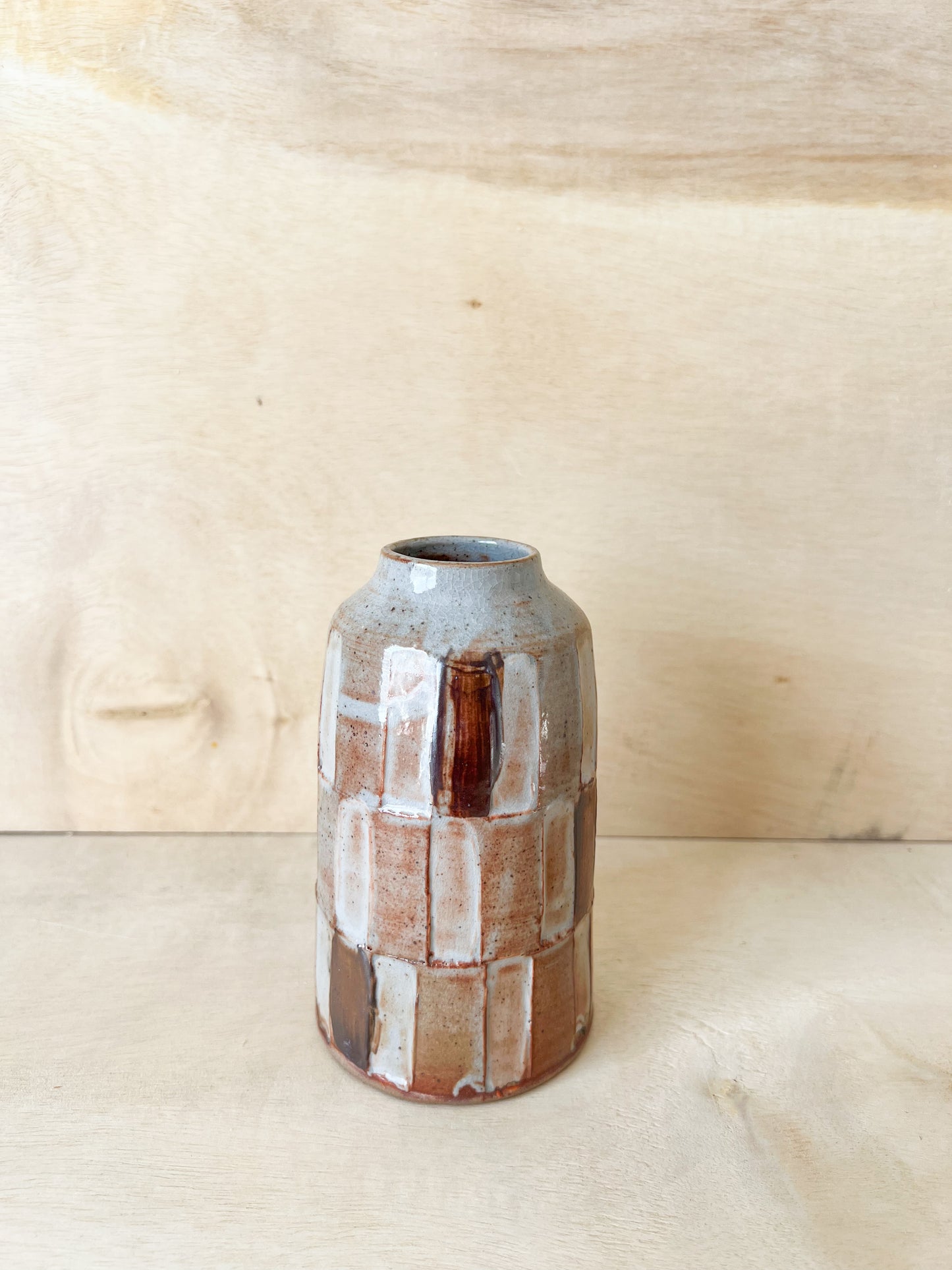 Small Dark Sunset Shino Carved Vase