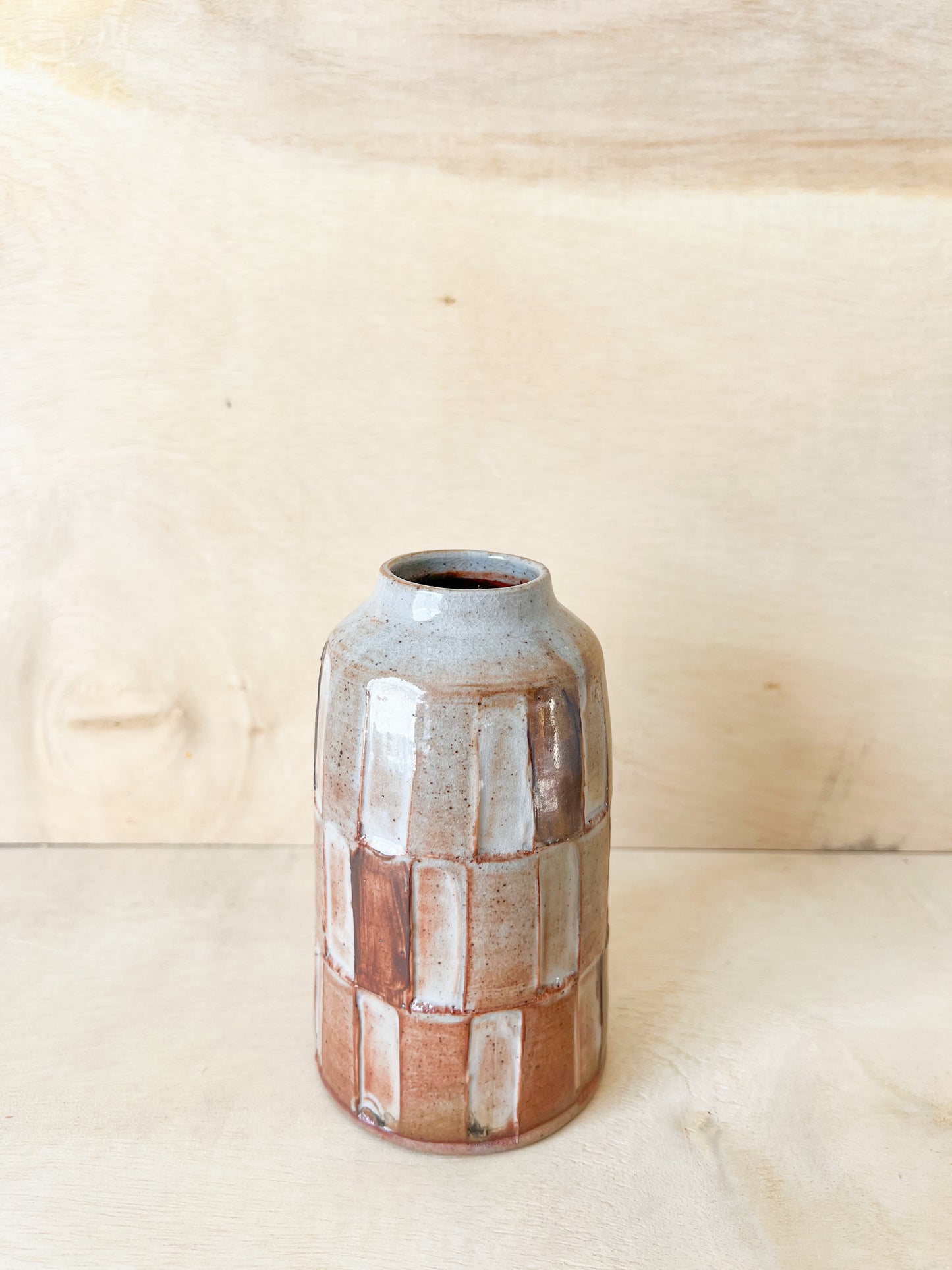 Small Dark Sunset Shino Carved Vase